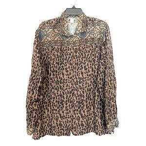 Vintage 90s STUNT Womens M 100% Silk Leopard Long Sleeve Button Up Blouse Shirt